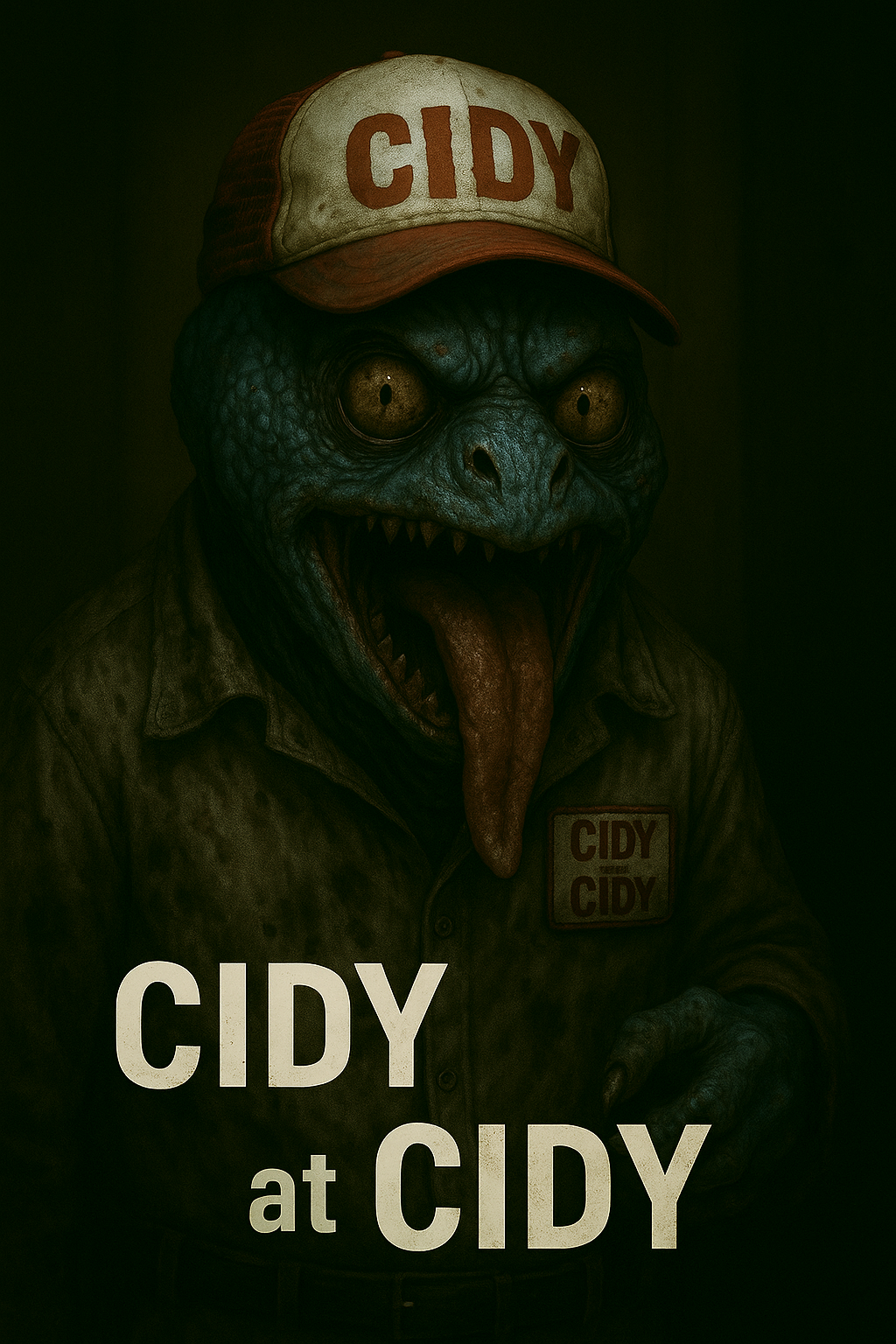 Cidy: a short, heavyset lizard in a CIDY trucker cap and a work shirt