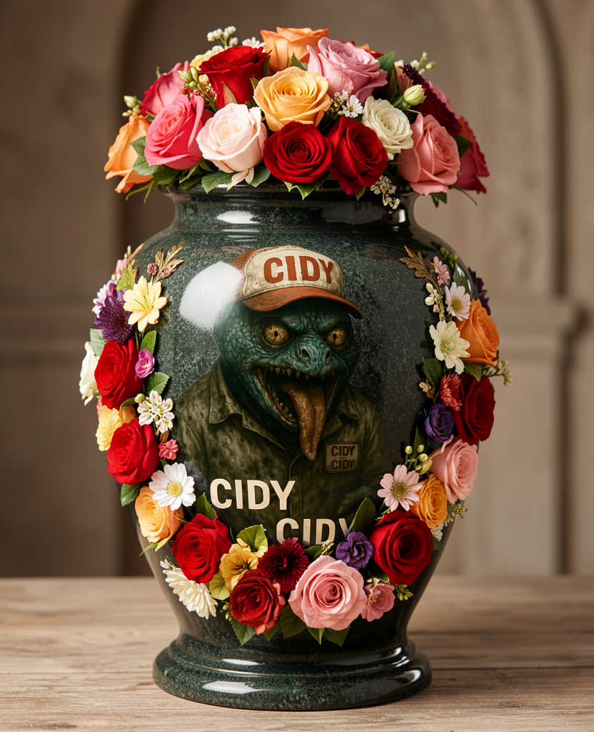 The urn, wreathed in flowers, with Cidy's likeness and cap painted on the side