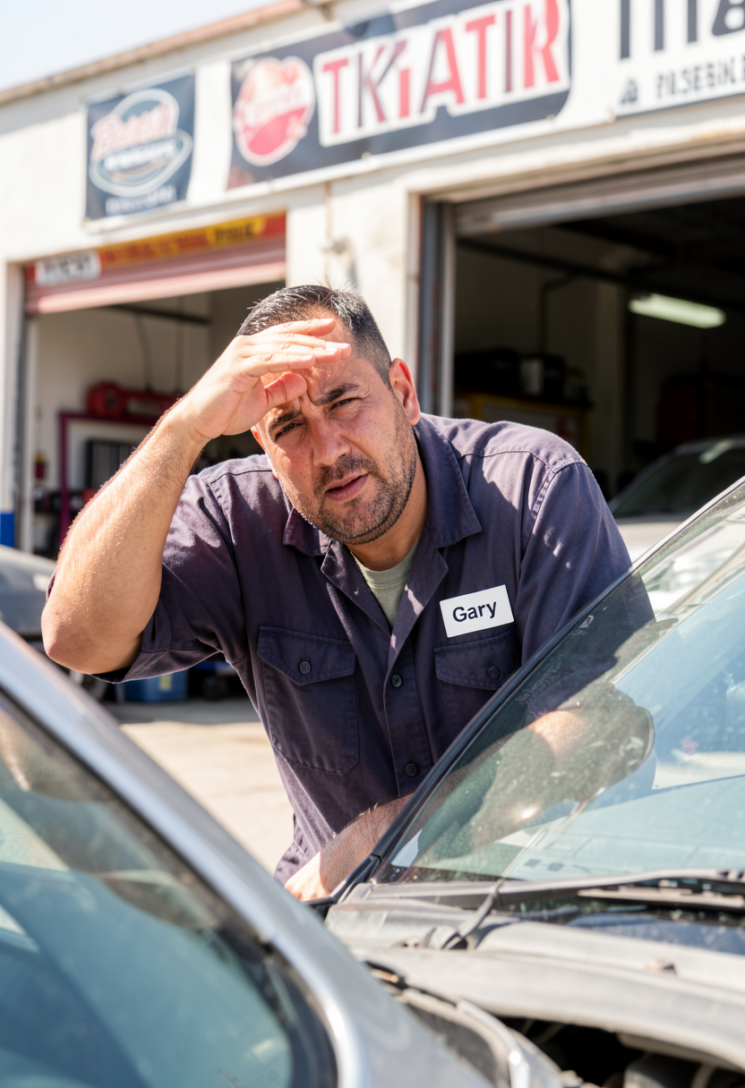 Gary: a man in a work shirt, name tag reading GARY, shading his eyes in the lot outside the hardware store